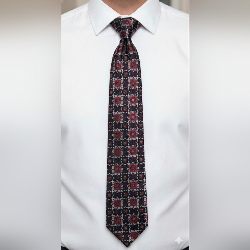 Bachrach Men's 100% Silk Geometric Tie Made in Italy Red Black